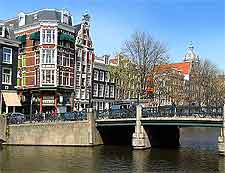 Canal view showing a pedestrian bridge and surrounding shops