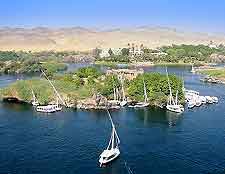 Aerial image of the River Nile and Egyptian felucca boats