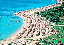 Bird's-eye view of the beachfront and its plentiful sunbathers