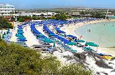 View of the blue parasols lining the beachfront