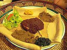 Photograph of a simple Ethiopian meal, served with flatbread