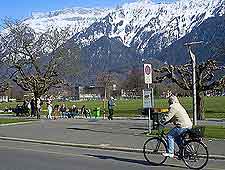 Picture of cycling and snow-topped mountains
