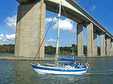 Picture of boat sailing on the Orwell River, beneath the Orwell Bridge