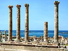 Photo showing coastal ruins at Sabratha, in north-western Libya