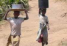 Malawi rural scene of locals carrying water