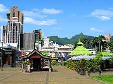 Photograph of eateries lining the Caudan Waterfront at Port Louis