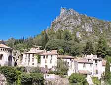 Photo of hillside houses in St. Guilhem-le-Desert, nearby Montpellier, Southern France