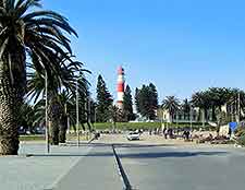 Walvis Bay view, showing the red and white lighthouse