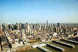Skyline photo of New York, showing the waterfront and skyscrapers