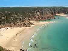 Picture showing Porthcurno Beach, next to the Minack Theatre in Penzance, Cornwall, England, UK