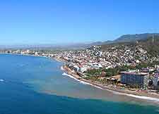 Aerial view of the shoreline and city