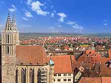 View of the bell tower in central Rothenburg ob der Tauber