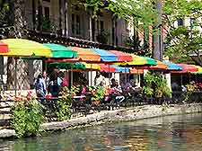 Picture of the distinctive cafe parasols alongside the Riverwalk