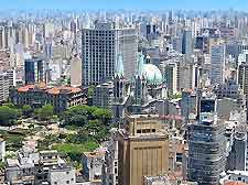 Aerial view of the Brazilian cityscape, showing historic cathedral