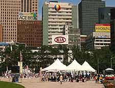 View of cafe table in the city