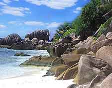 Photograph showing La Plage vue des Rochers, a beach on Mahe Island, Seychelles