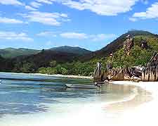 View of sandy beach on the tropical island of Praslin