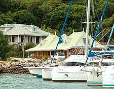 Yachts moored on the coastline of the Seychelles