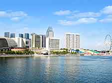Waterfront view of the city, showing the Singapore Flyer (observation wheel attraction)