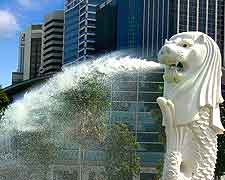 Close-up photo of the city's famous Merlion fountain