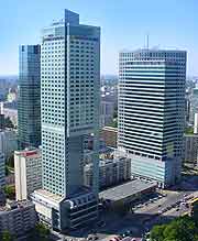 Warsaw cityscape view showing glass-clad office buildings